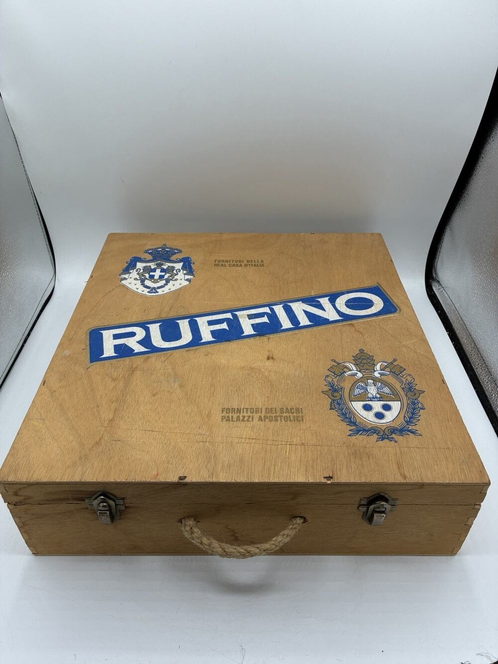 Vintage Ruffino Wine Crate | Italian Wooden Box with Hinged Lid & Rope Handle